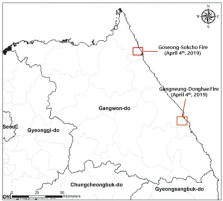 Fig. 1.  Map of large-fire occurrences in Gangwon Province. Red boxes indicate the locations of large-fires in 2019.