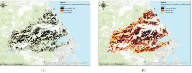 Fig. 4.  The change of spatial distribution by burn severity analysis in Goseong and Sokcho area using (a) KOMPSAT-3 at 13:26(KST) on April 5th, 2019 and (b) at 13:12(KST) on April 20th, 2019.