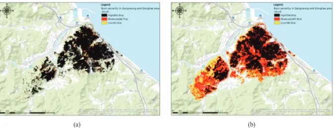 Fig. 5.  The change of spatial distribution by burn severity analysis in Gangneung and Donghae area using (a) KOMPSAT-3 at 13:25(KST) on April 5th, 2019 and (b) KOMPSAT-2 at 10:14 (KST) on April 23rd, 2019.