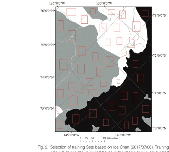Fig. 2.  Selection of training Sets based on Ice Chart (2017/07/06). Training sets, which are shown as red boxes in the image above, are located within black, gray, and white regions in the Ice Chart