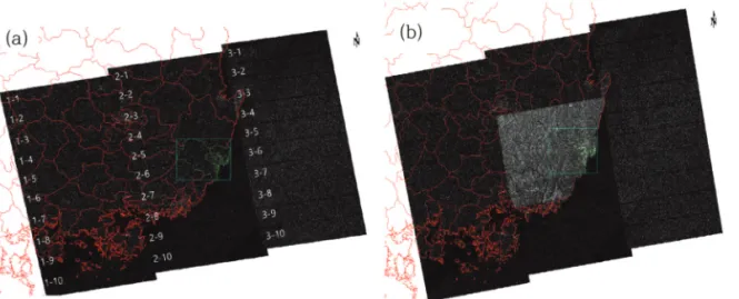 Fig. 2.  Example of Sentinel-1 single image. (a) Sub-scenes order pattern, (b) Selected image area in sub-scenes.
