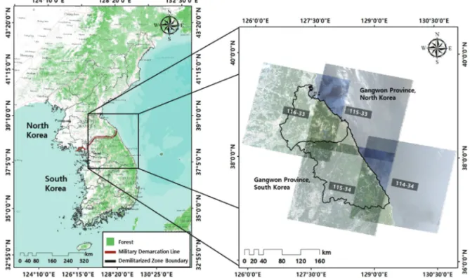 Fig. 1.  Study area with administrative boundaries and orbit path and row of Landsat imagery (Hansen et al., 2013;