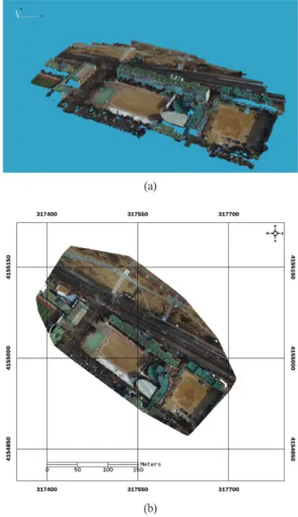 Fig. 2의 (a)와 (b)는 생성된 3차원 point cloud와 2차원 정사보정 영상을 도로명주소 전자지도에 중첩시킨 결과 이다 . 도로명주소 전자지도는 행정안전부가 제공하는 도로명주소 안내 시스템 (https://m1.juso.go.kr/addrlink/ devLayerRequestWrite.do)에서 행정구역별로 제공하는 것으로 ‘법정구역시도’ , ‘법정구역시군구’, ‘법정구역읍 면동’ , ‘법정구역리’, ‘건물’, ‘건물군’, ‘출입구’, ‘기