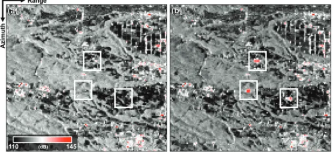 Fig. 1.  The example of new persistent scatters (PSs) detection; Zoomed ALOS2 PALSAR2 amplitude image acquired at (a) 20160307 and (b) 20160419; The white boxes indicate new persistent scatterers.
