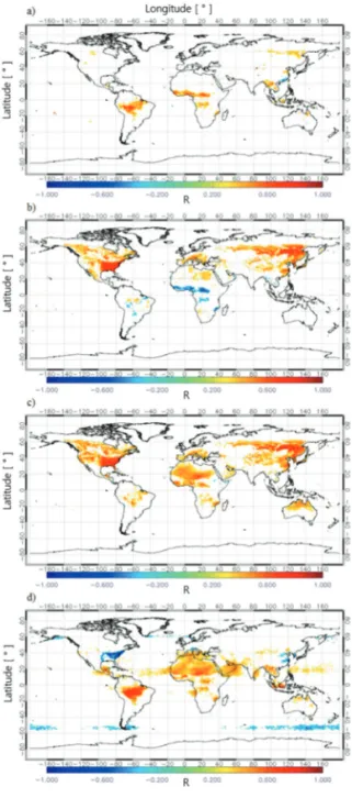 Fig. 1.  Global distribution of the correlation coefficients (R) of  linear  regressions  between  HCHO OMI and  (a) MFRP MODIS , (b) EVI MODIS , (c) LST MODIS , and (d) NO 2OMI , from 2005 to 2008.