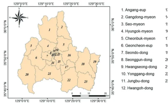 Fig. 1.  Study area, Gyeongju district, Korea.