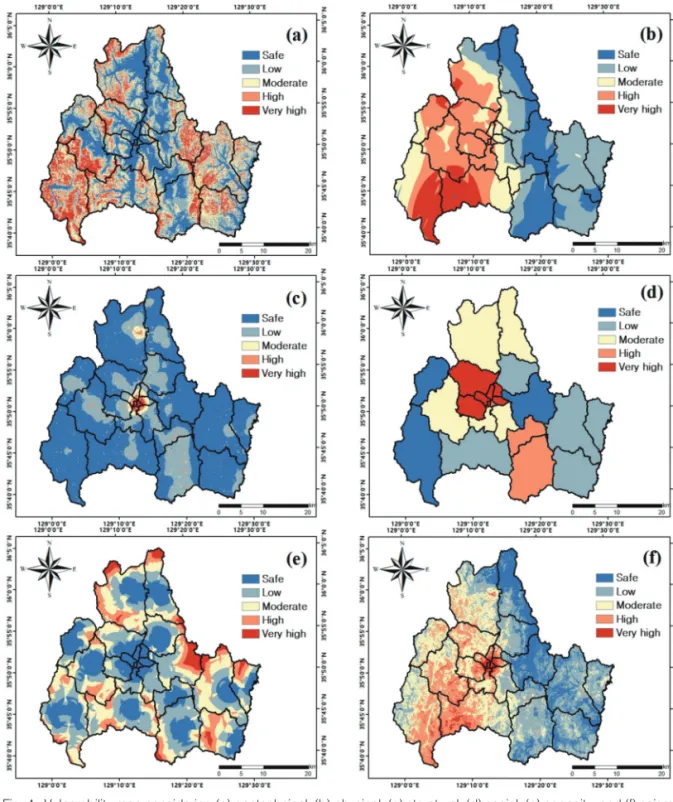 Fig. 4.  Vulnerability map considering (a) geotechnical, (b) physical, (c) structural, (d) social, (e) capacity, and (f) seismic vulnerability map.