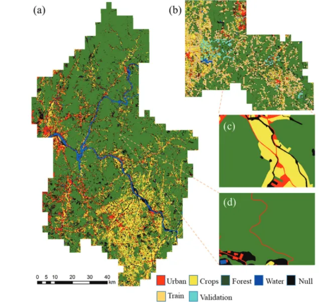 Fig. 2.  Study area. (a) Gyeonggi-do with 200 test dataset, (b) Chungcheongnam-do with 2,000 training dataset, (c) and (d) the example of labeling data with 5 classes.