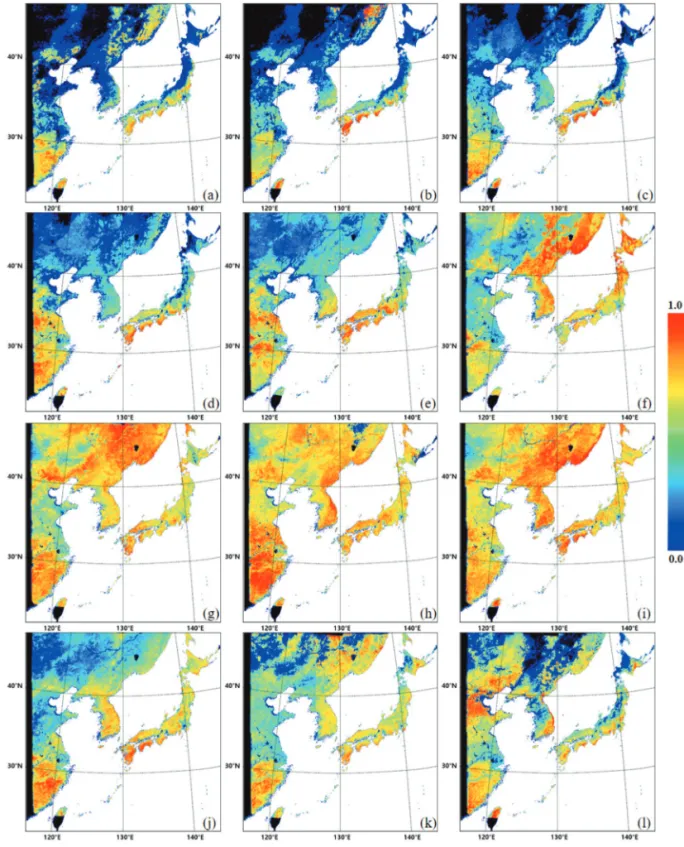 Fig. 2.  GOCI NDVI used as an input dataset in this study, (a) Jan 16, (b) Feb 16, (c) Mar 16, (d) Apr 16, (e) May 16, (f) Jun 16, (g) Jul 16, (h) Aug 16, (i) Sep 16, (j) Oct 16, (k) Nov 16, (l) Dec 16.