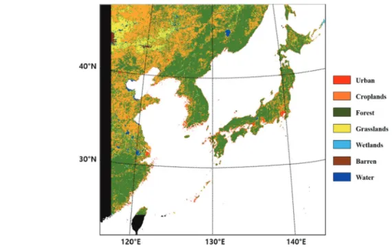 Fig. 8.  The LC map with 7 classes in Northeast Asia.