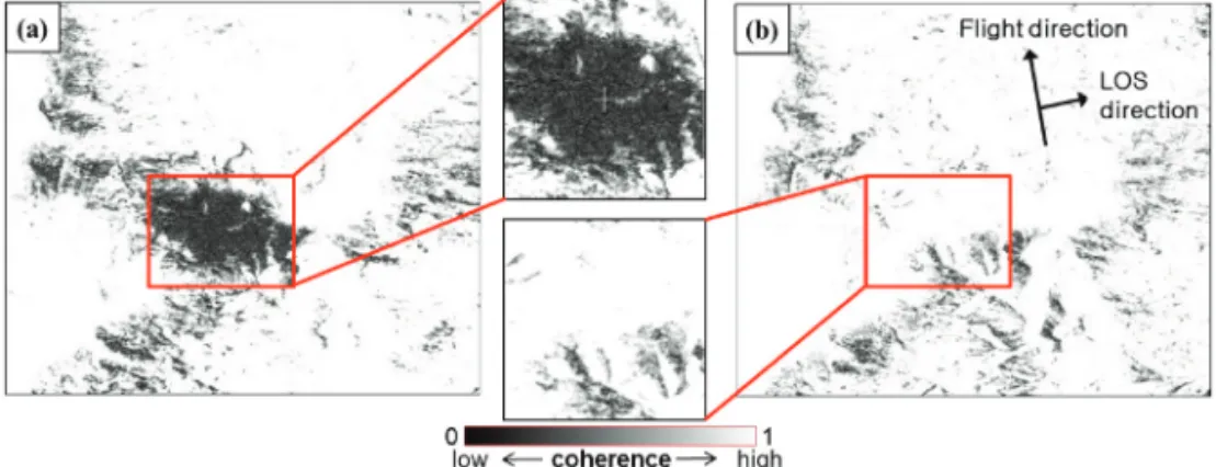 Fig. 2.  Coherence map comparison near the Mt. Mantap area. (a) Coherence map of 20170829- 20170829-20170912 pair (including 6th nuclear test date), (b) coherence map of 20170829-20170912-20170926 pair (after 6th nuclear test date).