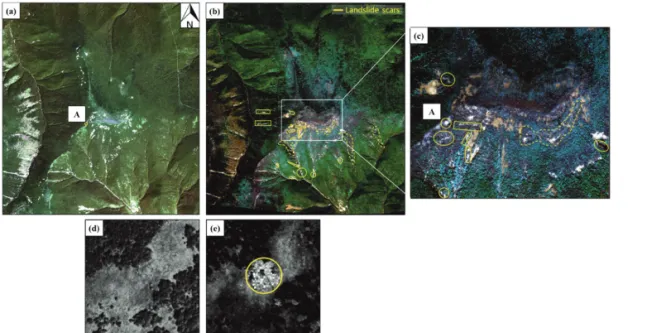 Fig. 7.  Optical image comparison before and after of 6th nuclear test. (a), (d): 2017-08-27, (b), (e): 2017-09-23.