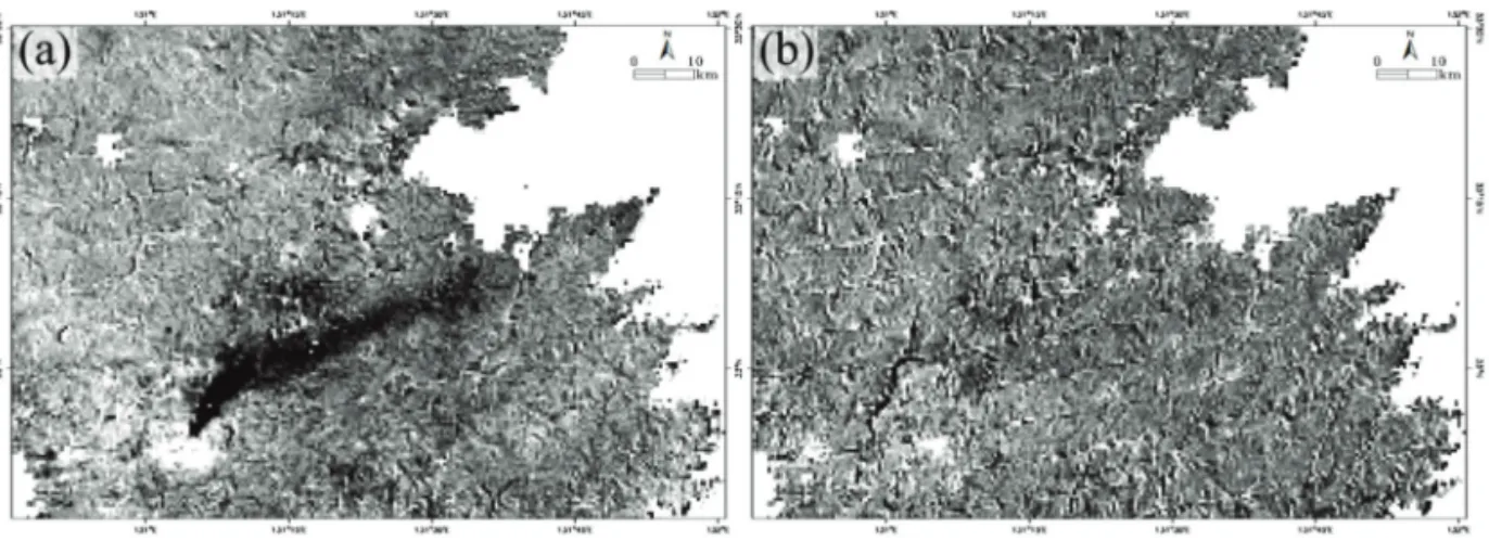 Fig. 6.  The processed imageries of PCA. Principal components were analysed by forward PC rotation of the ENVI transform in 7 and 8 bands before and after volcanic eruption