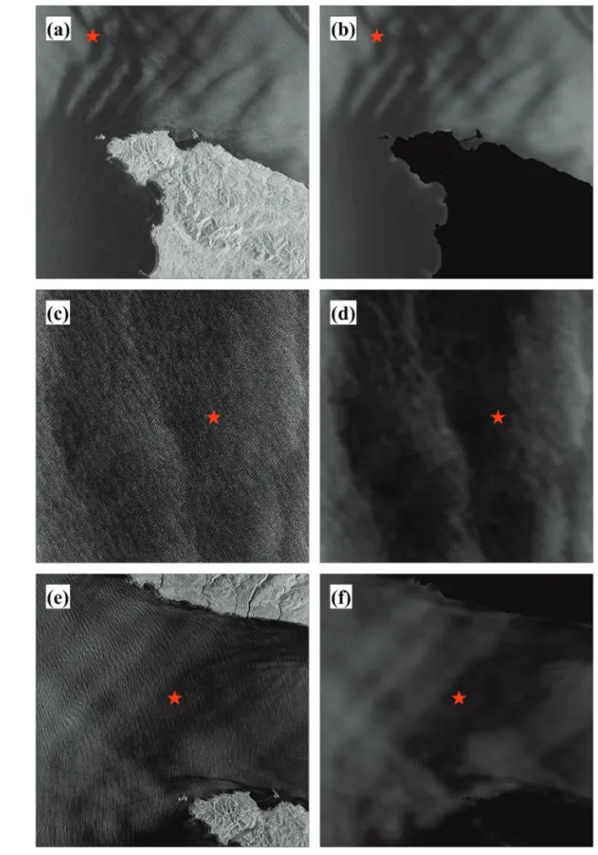 Fig. 9.  Distribution of backscattering coefficients from KOMPSAT-5 ES mode VV-pol data (a) before and (b) after preprocessing on 3 September 2017, (c) before and (d) after preprocessing on 26 October 2017, and (e) before and (f) after preprocessing on 28 