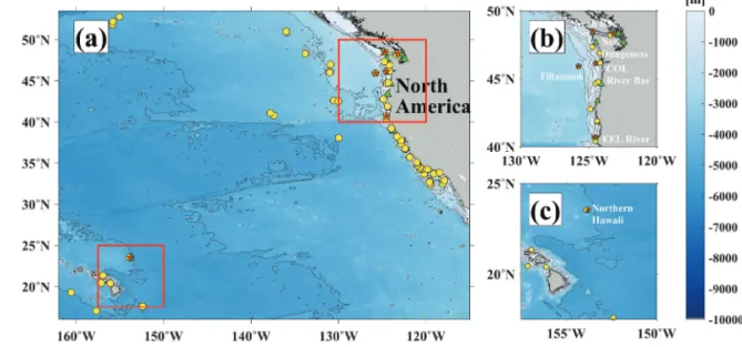 Fig. 1.  (a) Location of study area with contours of the water depth (m), where the red boxes indicate the (b-c) enlarged images of bathymetry in the study area, which the yellow circles, the green triangles, and the red stars represent the locations of th