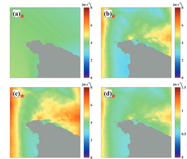 Fig. 6.  An example of distribution of backscattering coefficient (sigma naught, σ 0 ), based on the first conversion equation (1), from KOMPSAT-5 ES mode VV-pol data (a) before and (b) after preprocessing on 1 September 2017, where the red star indicates 