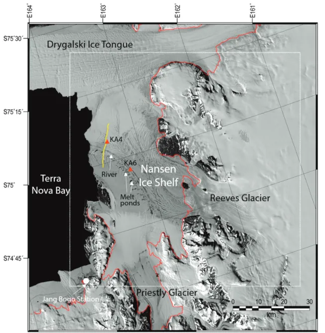 Fig. 1.  Lansat-8 OLI panchromatic image of Nansen Ice Shelf obtained on 2 January 2014