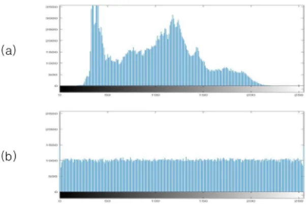 Fig. 6. Histogram of Lena. (a)Plain image, (b) Cipher image. 