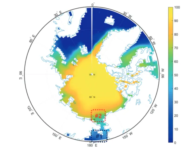 Fig. 1.  Arctic Sea-ice concentration map and areas of interest. The sea-ice concentration ranges from 0 to 100%