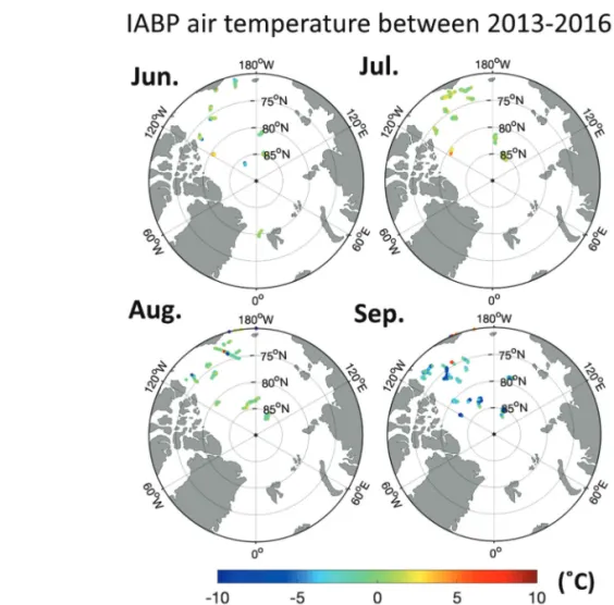 Fig. 3.  The distribution of air temperature from IABP buoy data in the summer of 2013-2016.