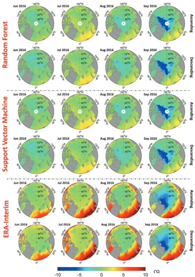 Fig. 6.  Spatial distribution of monthly air temperature of random forest, support vector machine, and ERA-Interim reanalysis data in the summer of 2016.