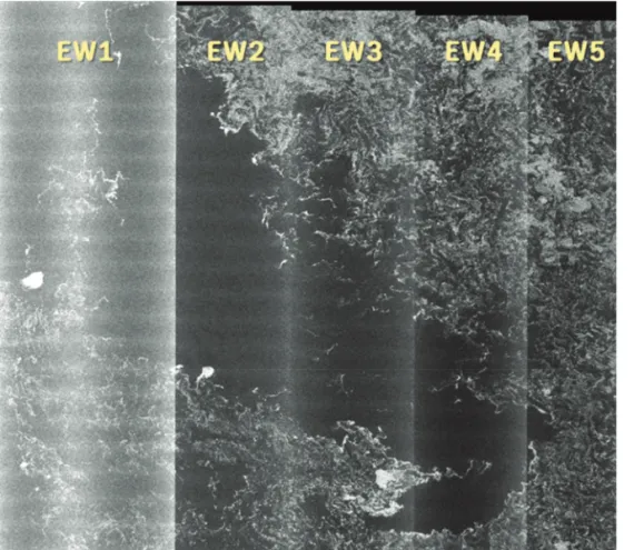 Fig. 1.  Sentinel-1 EW mode (HV polarization) data. This figure shows thermal noise effect (5 different brightness from left to right) and scalloping effect (periodic brighter and darker stripes from top to bottom)