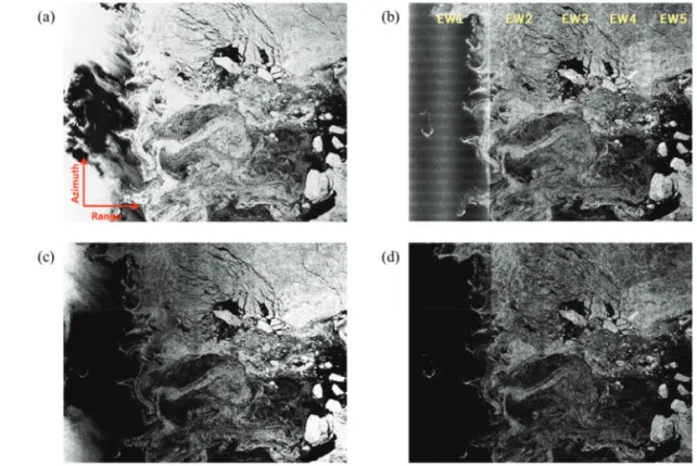 Fig. 6.  Sea ice images which were acquired at December 16,2015. (a) HH image before radiometric correction (b) HV image before radiometric correction (c) HH image after radiometric correction (d) HV image after radiometric correction.