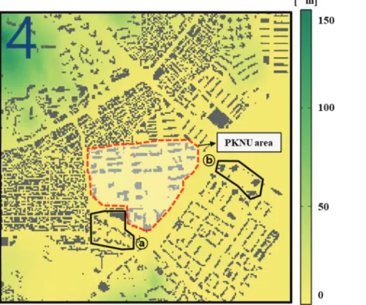 Fig. 5는 PKNU area에서 건물 신축 후, 2.5 m 고도에 서 풍속이 변화한 영역을 유입 풍향에 따라 나타낸 것 이다 . 동남동풍(112.5°)과 남풍(180°)의 경우, 풍속이 변 화한 영역이 가장 넓게 나타났다 