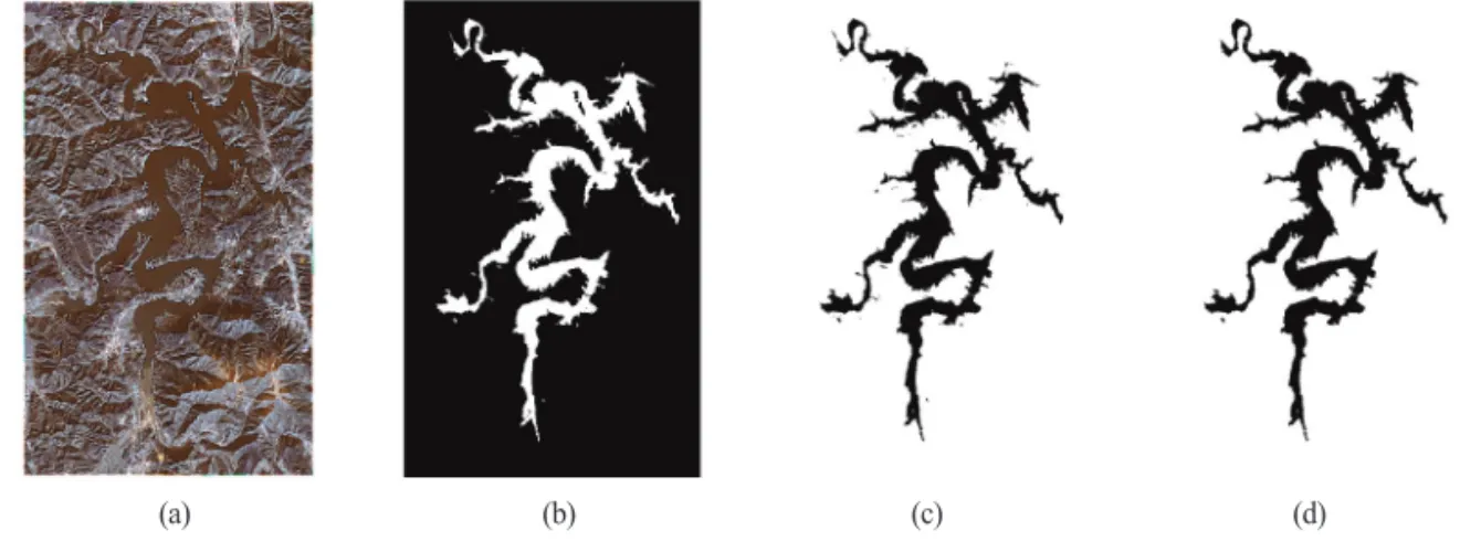 Fig. 8.  Stepwise results of water body extraction algorithm: (a) clipped study area, (b) binary image separated by water and non-water by otsu’s algorithm, (c) water body vector data, (d) final water body vector data filtered by area.