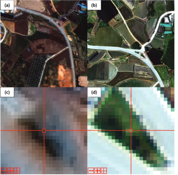 Fig. 3.  Example of when the image point couldn’t be observed, (a) Pan-sharpened KOMPSAT-3A image, (b) aerial ortho-image, (c) enlarged image of (a), (d) enlarged image of (b).