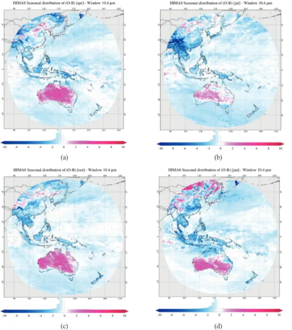 Fig. 7.  Seasonal distribution for the difference of JMA operational CSR and RTTOV-11 CSR simulation for 10.4 μm channel from (a) 1 to 7 April 2017, (b) 1 to 7 July 2017, (c) 1 to 7 October 2017, and (d) 1 to 7 January 2017.