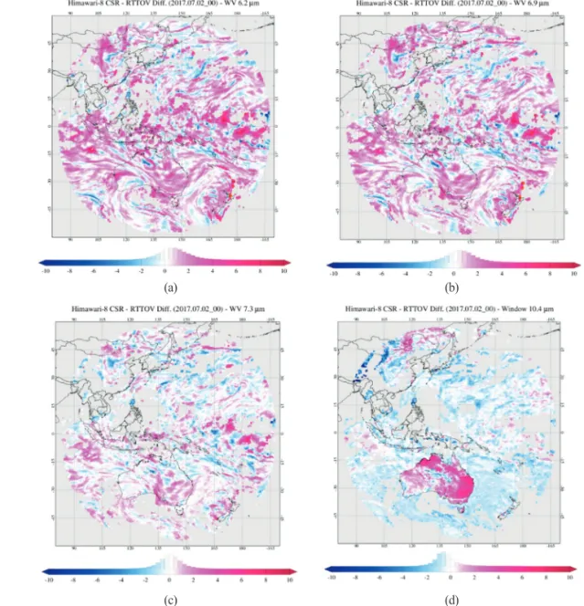 Fig. 6.  Spatial distribution of O-B biases of AHI channels for (a) 6.2 μm, (b) 6.9 μm, (c) 7.3 μm, and (d) 10.4 μm on 2 July 2017 at 09:00 UTC.