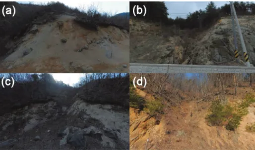 Fig. 4.  Landslide occurrence of Jumunjin-eup (a), (b) and Sacheon-myeon (c), (d) (2008, Daum map).