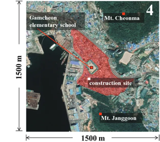 Fig. 1.  Satellite image for the target area around Gamcheon-dong, Busan (from Google Earth).
