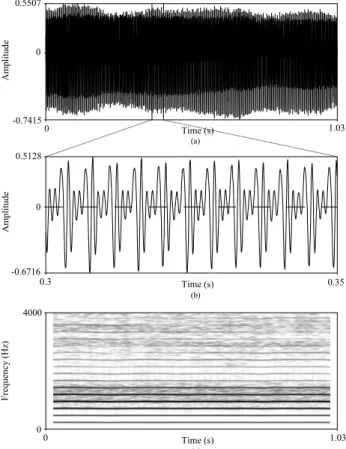 Figure  1.  Signal  type  1.  (a)  Whole  waveform  (b)  an  enlarged  waveform  of  specific  frame  (0.3s  – 0.35s)  (c)  spectrogram