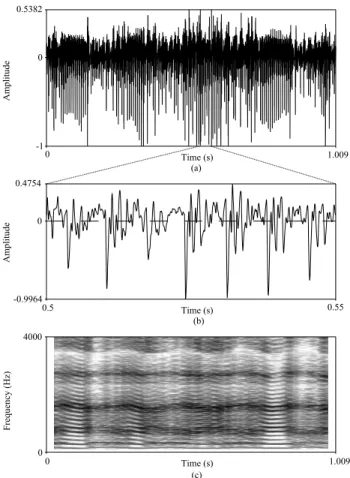 Figure  4.  Signal  type  4.  (a)  Whole  waveform  (b)  an  enlarged  waveform  of  specific  frame  (0.6s  – 0.65s)  (c)  spectrogram