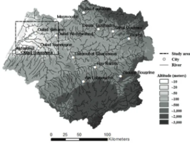 Fig. 1.  Topography and stream network within the Sebou River  watershed.  Box  indicates  the  Gharb  Plain where the most flooding occured.