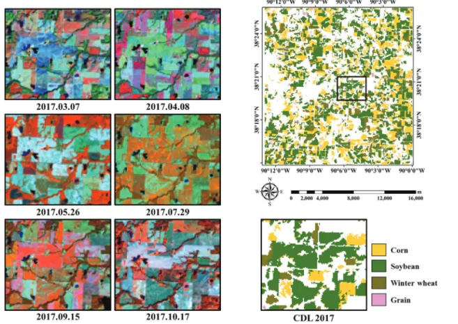 Fig. 9.  Examples of spatial characteristics in Illinois State with false color composite multi-temporal Landsat images and reference data.