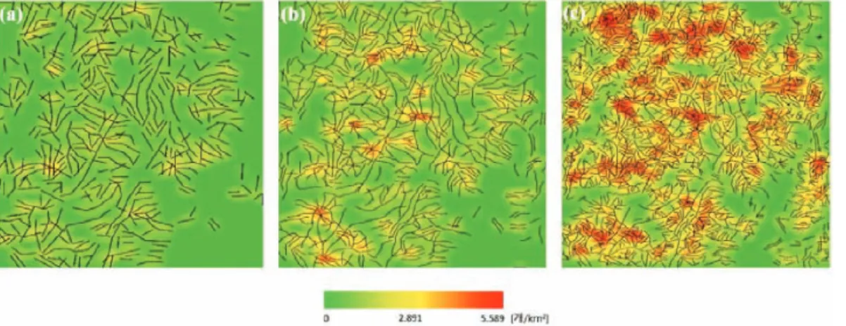 Fig. 12.  Lineament density map by DEM without lineament: (a) SRTM, (b) 1-arc Global DEM, (c) Global DEM.