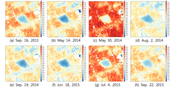 Fig. 3.  Land surface temperature (LST) distributions over the study area for the 8 cases.