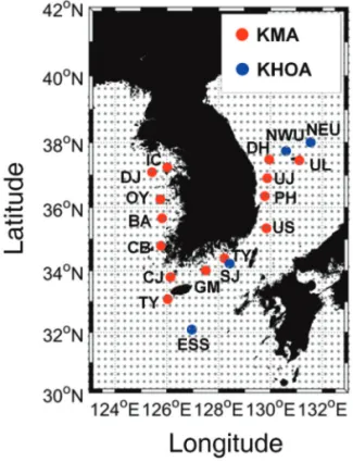 Fig. 1.  Study area around the Korean Peninsula. The gray dots indicate the grids of DASCAT
