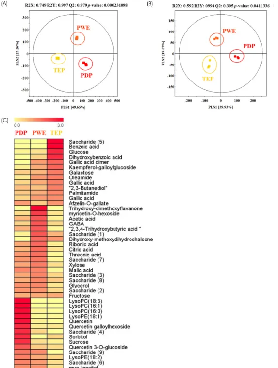 Fig 1. Partial lest-squares discrimination analysis (PLS-DA) score plots using the GC-TOF-MS (A) and UHPLC-LTQ-ESI-IT-MS/MS/UPLC-Q-TOF-MS  (B) data sets and heat map of specific metabolites in PDP, PWE, and TEP (C)