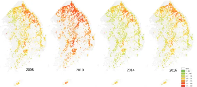 Fig. 7.  Averaged start of season (SOS) using MODIS EVI from 2003 to 2016 at the forest area in South Korea.