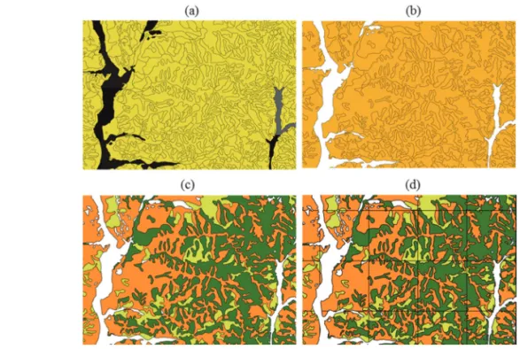 Fig. 2.  Re-construction of the forest type map (a) 1:5,000 forest type digital map, (b) dissolved by forest type, (c) merged by forest types, and (d) intersected based on MODIS pixel size.