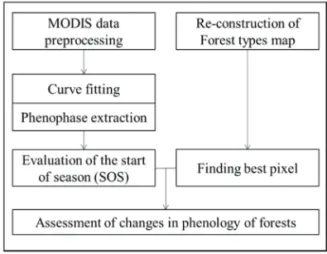 Fig. 3.  The work-flow chart of processing MODIS data, forest type map, and extraction of start of season (SOS).