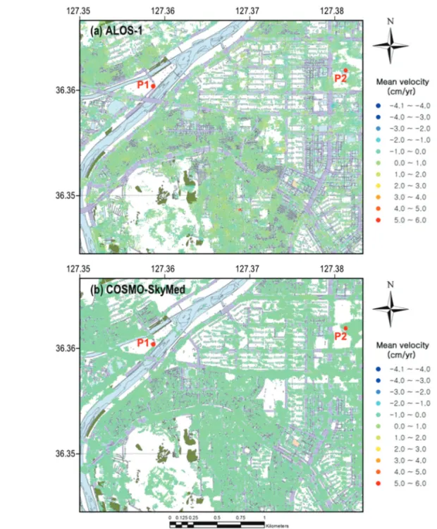 Fig. 7.  Mean deformation velocity maps estimated from (a) ALOS-1 and (b) COSMO-SkyMed.