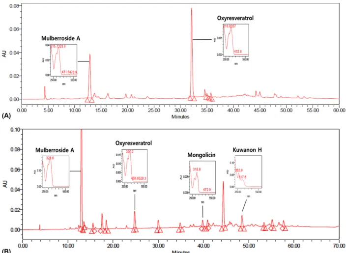 Fig. 1. HPLC chromatograms of mulberry twigs (A) and root barks (B). Analytical conditions are described in the method section.