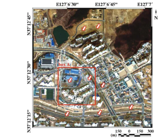 Fig. 10.  Comparison between the aerial photo, original and corrected image zoomed from the box A in Fig