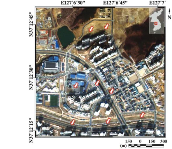 Fig. 3.  Test image for this study. The white colored arrows represent shadow area.