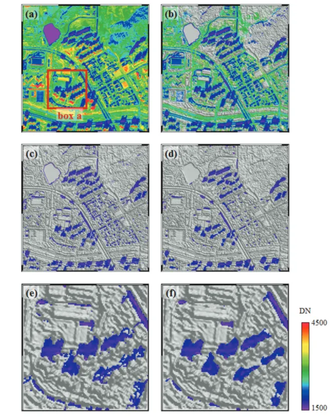 Fig. 5.  Process of umbra area detection: (a) original NIR image (b) NIR image after vegetation and water region masking (c) estimated initial umbra area using thresholding (d) estimated final umbra area after NLM filter (e, f) initial and final umbra area